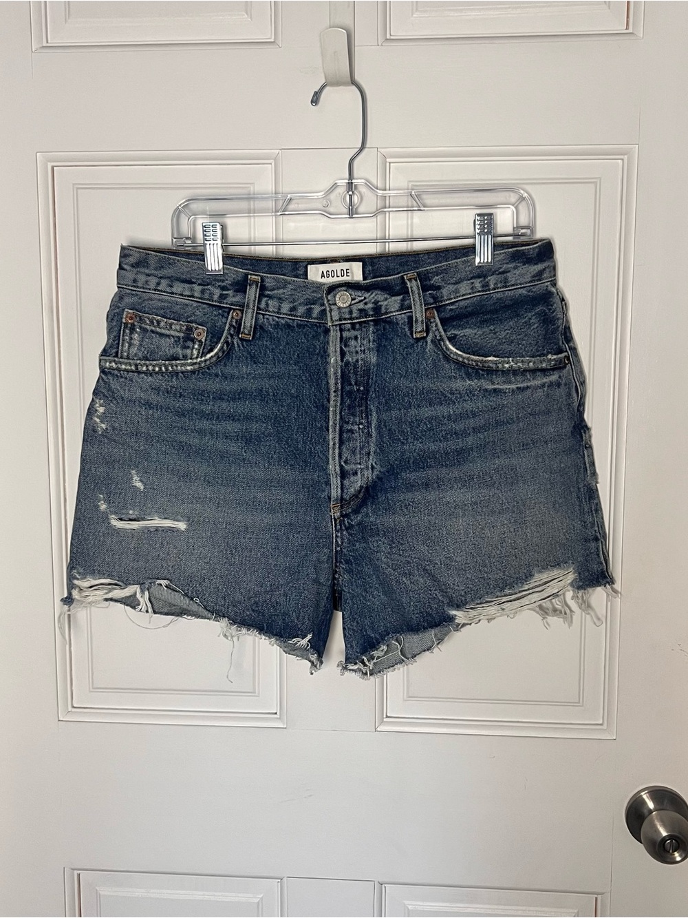 Agolde Dark Blue Distressed High-Rise Jean Shorts